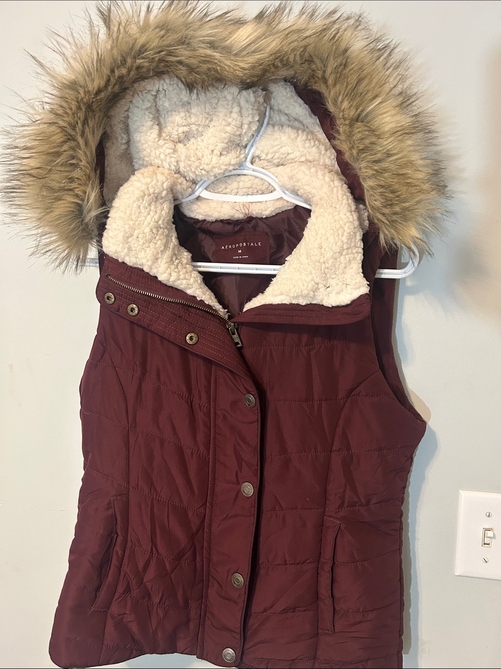 Aeropostale Women's Burgundy Puffer Vest with Faux Fur Hood